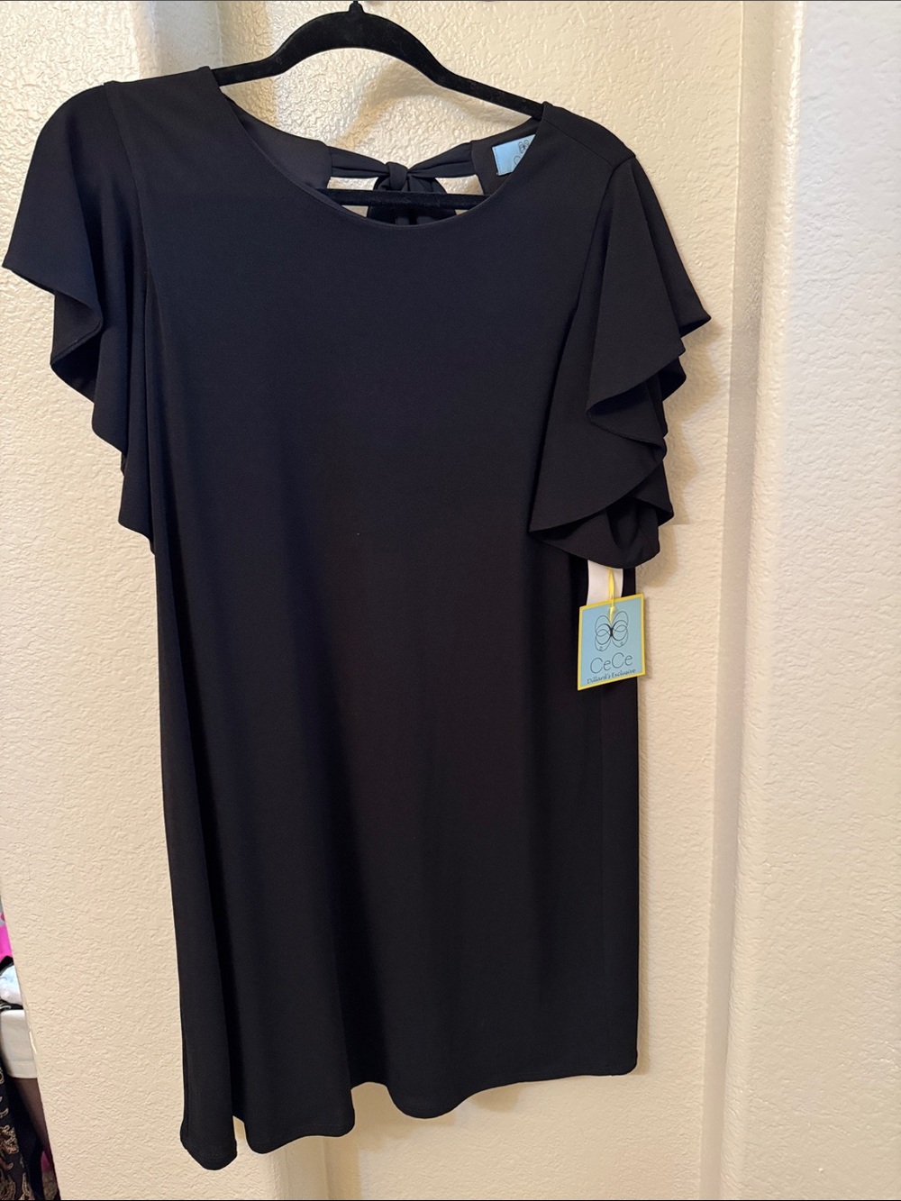 CeCe Black Ruffle Sleeve Shift Dress with Back Tie